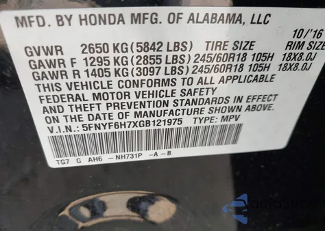 2016 Honda Pilot Exln z USA, uszkodzony, nr VIN 5FNYF6H7XGB121975